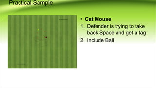 Practical Sample
• Cat Mouse
1. Defender is trying to take
back Space and get a tag
2. Include Ball
 