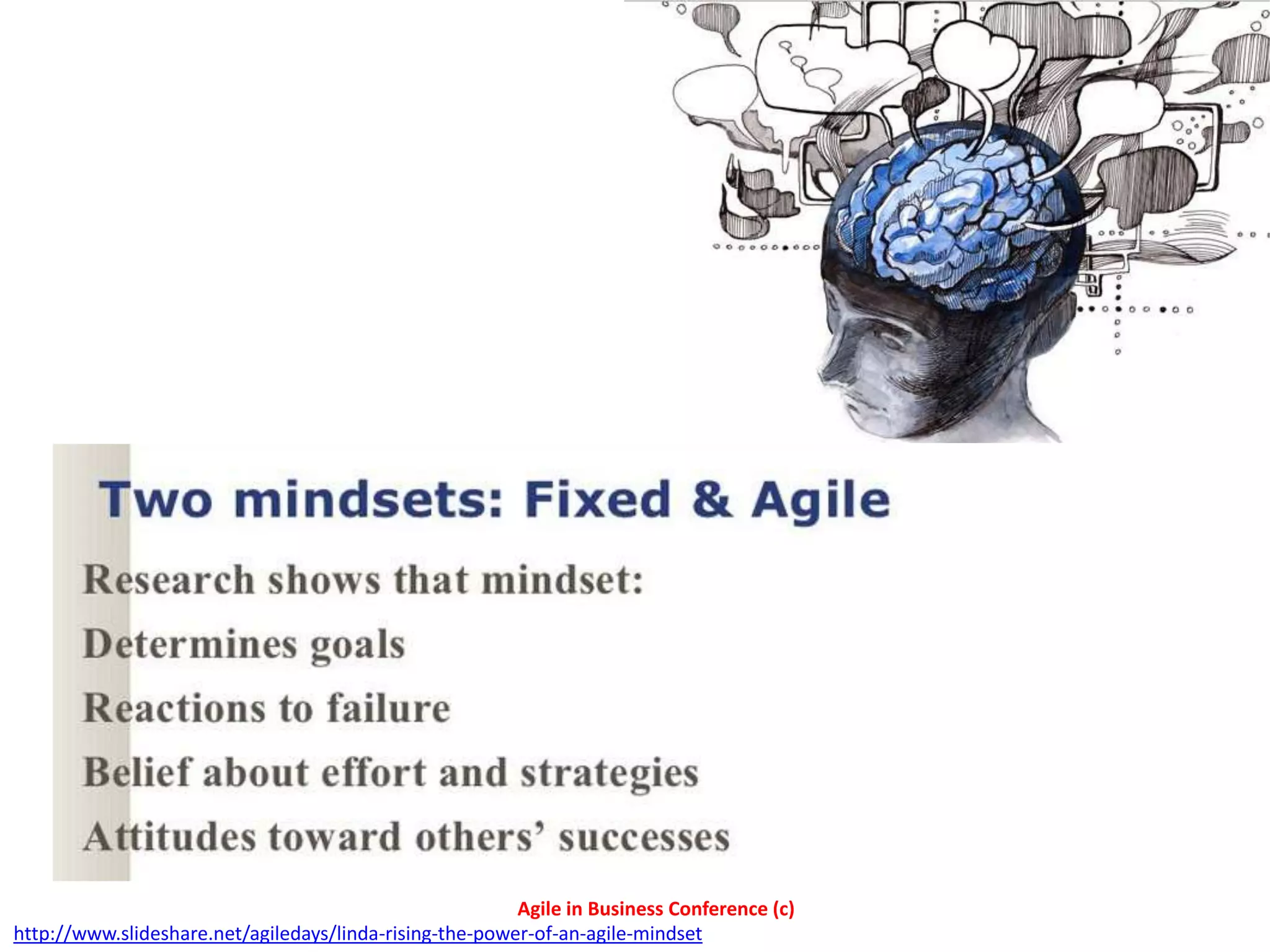 Agile in Business Conference (c)
http://www.slideshare.net/agiledays/linda-rising-the-power-of-an-agile-mindset
 
