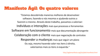 Manifesto Ágil: Os quatro valores
"Estamos descobrindo maneiras melhores de desenvolver
software, fazendo-o nós mesmos e ajudando outros a
fazerem o mesmo. Através deste trabalho, passamos a valorizar:
Indivíduos e interações mais que processos e ferramentas
Software em funcionamento mais que documentação abrangente
Colaboração com o cliente mais que negociação de contratos
Responder a mudanças mais que seguir um plano
Ou seja, mesmo havendo valor nos itens à direita,
valorizamos mais os itens à esquerda."
http://agilemanifesto.org/iso/ptbr/manifesto.html
 
