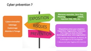 Cyber prévention ?
Menaces avancées, Zero-Day,
Phishing, Ransomware, DDOS,
Injection SQL, XSS, etc.
•Dispositions prises pour empêcher
l’apparition, l’aggravation, l’extension
d’un risque ou toute situation
dommageable pour votre organisation :
•- Sécurisation des Endpoint, du Réseau, de
la Messagerie et les Sauvegardes
•- Mesure de Cyber Hygiène (CIS Controls)
Cybercriminalité
Sabotage
Espionnage
Atteinte à l’image
 