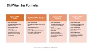 DigiWize : Les Formules
DigiWize PME -
Starter
•Nom de domaine
•Messagerie Collaborative
(Zoho Mail Lite)
•Hébergement Nano
•Page web
•Services Managés
(Assistance Technique,
Maintenance, Support
utilisateurs)
DigiWize PME - Basique
•Nom de domaine
•Messagerie Collaborative (Zoho
Mail)
•Hébergement Micro
•Page web
•Services Managés (Assistance
Technique, Maintenance,
Support utilisateurs)
DigiWize PME -
Standard
•Nom de domaine
•Messagerie Collaborative
Avancée (Microsoft 365
Basic)
•Hébergement Micro
•Page web
•Services Managés
(Assistance Technique,
Maintenance, Support
utilisateurs)
DigiWize PME -
Avancé
•Nom de domaine
•Messagerie Collaborative
Avancée (M365 Basic)
•Suite bureautique
•Hébergement Micro
•Page web
•Services Managés
(Assistance Technique,
Maintenance, Support
utilisateurs)
+225 25 22 00 14 22 info@agilly.net www.agilly.net
 