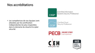 Nos accréditations
• Les compétences de nos équipes sont
attestées par les certification
indépendantes les plus respectées
dans le domaine du cloud et la cyber
sécurité
 