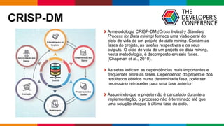 Globalcode – Open4education
CRISP-DM
A metodologia CRISP-DM (Cross Industry Standard
Process for Data mining) fornece uma visão geral do
ciclo de vida de um projeto de data mining. Contém as
fases do projeto, as tarefas respectivas e os seus
outputs. O ciclo de vida de um projeto de data mining,
nesta metodologia, é decomposto em seis fases.
(Chapman et al., 2010).
As setas indicam as dependências mais importantes e
frequentes entre as fases. Dependendo do projeto e dos
resultados obtidos numa determinada fase, pode ser
necessário retroceder para uma fase anterior.
Assumindo que o projeto não é cancelado durante a
implementação, o processo não é terminado até que
uma solução chegue à última fase do ciclo.
 