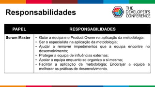 Globalcode – Open4education
Responsabilidades
PAPEL RESPONSABILIDADES
Scrum Master • Guiar a equipa e o Product Owner na aplicação da metodologia;
• Ser o especialista na aplicação da metodologia;
• Ajudar a remover impedimentos que a equipa encontre no
desenvolvimento;
• Proteger a equipa de influências externas;
• Apoiar a equipa enquanto se organiza a si mesma;
• Facilitar a aplicação da metodologia; Encorajar a equipa a
melhorar as práticas de desenvolvimento.
 