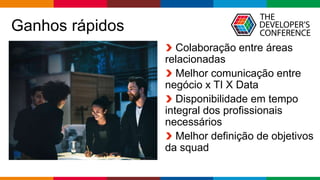 Globalcode – Open4education
Ganhos rápidos
Colaboração entre áreas
relacionadas
Melhor comunicação entre
negócio x TI X Data
Disponibilidade em tempo
integral dos profissionais
necessários
Melhor definição de objetivos
da squad
 