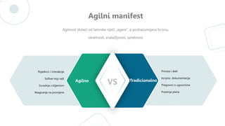 Agilnost dolazi od latinske riječi „agere“, a podrazumijeva brzinu,
okretnost, snalažljivost, spretnost.
Agilni manifest
P...