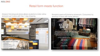 Bonobos opens eCommerce showroom. Consumers try
and buy in-store with home delivery.!
Amazon ﬁrst physical stores allows students to order online
and pick-up in store with free 1-day shipping. !
Retail form meets function!
 