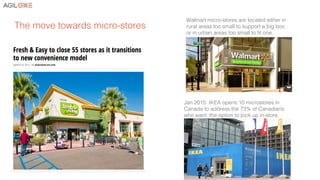 Jan 2015: IKEA opens 10 microstores in
Canada to address the 73% of Canadians
who want the option to pick up in-store.!
Walmart micro-stores are located either in
rural areas too small to support a big box,
or in urban areas too small to ﬁt one.!
The move towards micro-stores!
 