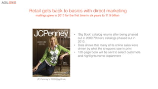 Retail gets back to basics with direct marketing!
mailings grew in 2013 for the first time in six years to 11.9 billion
!
•  'Big Book' catalog returns after being phased
out in 2009;70 more catalogs phased out in
2010. !
•  Data shows that many of its online sales were
driven by what the shoppers saw in print!
•  120-page book will be sent to select customers
and highlights home department!
JC Penney’s 2009 Big Book!
 