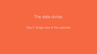 The data divide.!
!
!
Gap 2: Single view of the customer.!
 