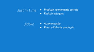 ● Produzir no momento correto
● Reduzir estoques
● Autonomação
● Parar a linha de produção
● Melhoria contínua
● Melhoria radical
 