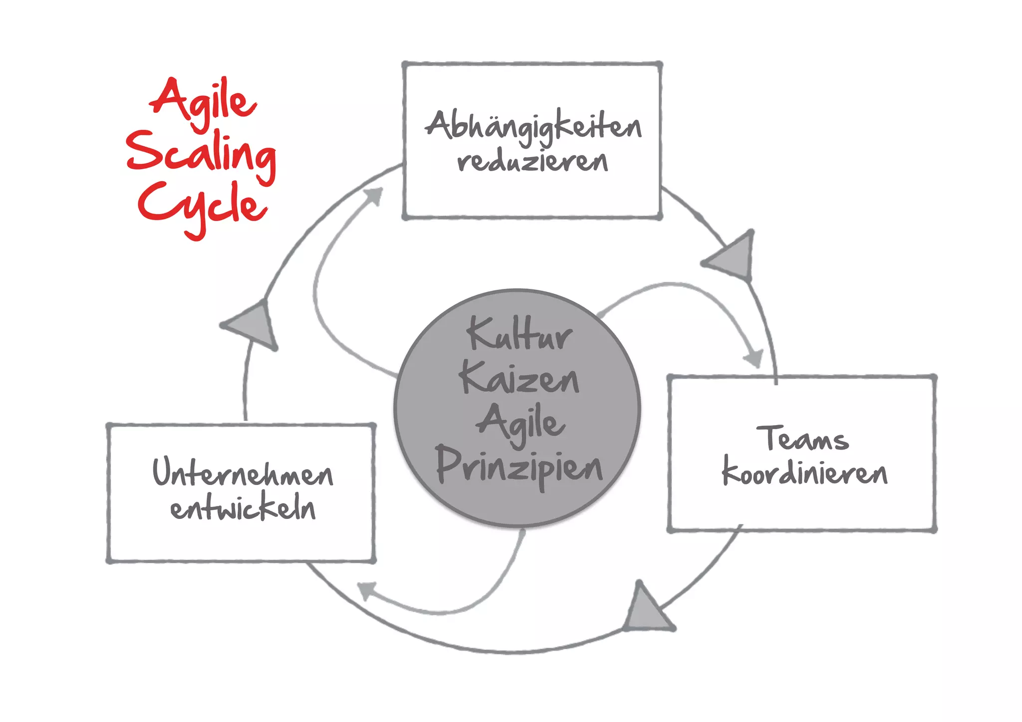 Agile  
Scaling  
Cycle  
Kultur          
Kaizen            
Agile  
Prinzipien  
Abhängigkeiten  
reduzieren  
Unternehmen  
entwickeln  
Teams  
koordinieren  
 