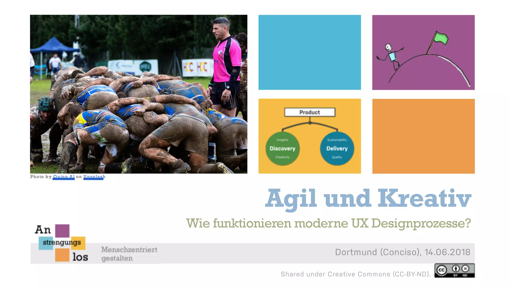 Agil und Kreativ
Dortmund (Conciso), 14.06.2018
Wie funktionieren moderne UX Designprozesse?
Shared under Creative Commons (CC-BY-ND).
Photo by Q uino Al on Unsplash
 