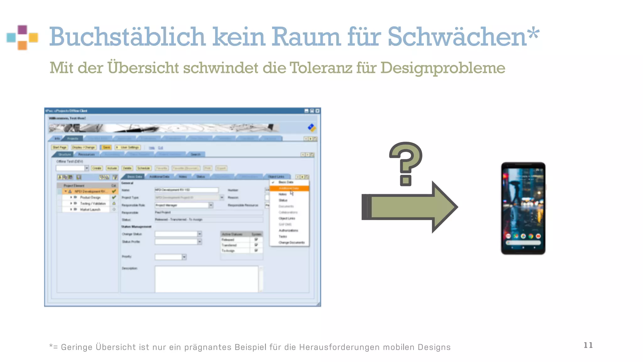 Buchstäblich kein Raum für Schwächen*
11
Mit der Übersicht schwindet die Toleranz für Designprobleme
*= Geringe Übersicht ist nur ein prägnantes Beispiel für die Herausforderungen mobilen Designs
 