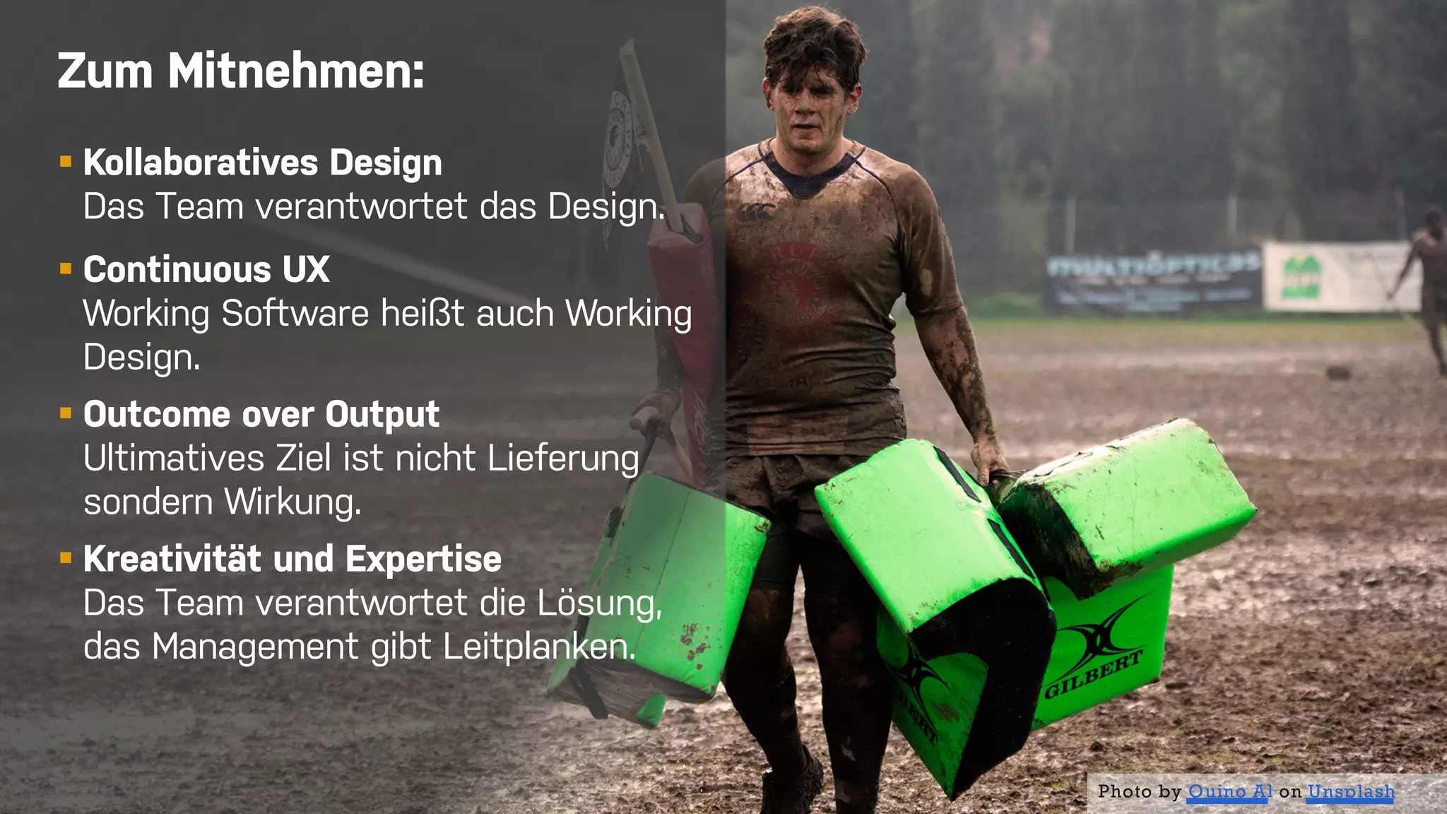 43
Photo by Quino Al on Unsplash
Zum Mitnehmen:
§ Kollaboratives Design
Das Team verantwortet das Design.
§ Continuous UX
Working Software heißt auch Working
Design.
§ Outcome over Output
Ultimatives Ziel ist nicht Lieferung
sondern Wirkung.
§ Kreativität und Expertise
Das Team verantwortet die Lösung,
das Management gibt Leitplanken.
 
