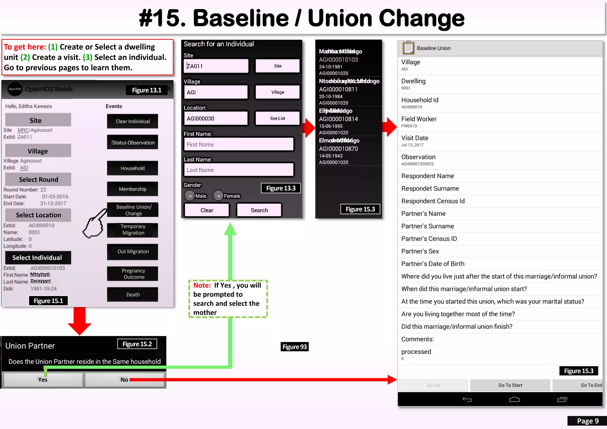 #15. Baseline / Union Change
Site
Village
Select Round
Select Location
Select Individual
Mttyttytt
Dxrxyyyrr
StatusObservation
Figure13.1
Page 9
To get here: (1) Create or Select a dwelling
unit (2) Create a visit. (3) Select an individual.
Go to previous pages to learn them.
Out Migration
Pregnancy
Outcome
Finish Visit
Note: If Yes , you will
be prompted to
search and select the
mother
Yes No
Figure15.2 Figure93
Temporary
Migration
Baseline Union/
Change
Death
dxxxxxddd
dxxxxxXXccddd
dxfxddd
dxxdfdd
Figure13.3
Figure15.3
Figure15.1
Figure15.3
 