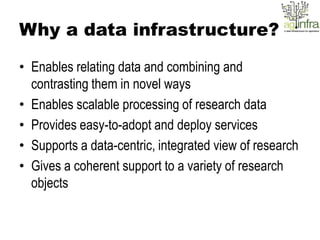 Why a data infrastructure?

• Enables relating data and combining and
  contrasting them in novel ways
• Enables scalable processing of research data
• Provides easy-to-adopt and deploy services
• Supports a data-centric, integrated view of research
• Gives a coherent support to a variety of research
  objects
 