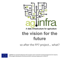 the vision for the
future
so after the FP7 project… what?
agINFRA has received funding from the European Union’s Seventh Framework Programme for research,
technological development and demonstration under grant agreement no 283770
 