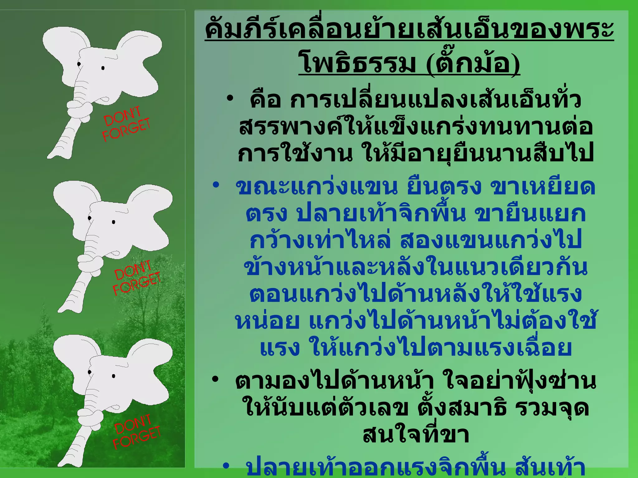 คัมภีร์เคลื่อนย้ายเส้นเอ็นของพระโพธิธรรม  ( ตั๊กม้อ ) คือ การเปลี่ยนแปลงเส้นเอ็นทั่วสรรพางค์ให้แข็งแกร่งทนทานต่อการใช้งาน ให้มีอายุยืนนานสืบไป ขณะแกว่งแขน ยืนตรง ขาเหยียดตรง ปลายเท้าจิกพื้น ขายืนแยกกว้างเท่าไหล่ สองแขนแกว่งไปข้างหน้าและหลังในแนวเดียวกัน ตอนแกว่งไปด้านหลังให้ใช้แรงหน่อย แกว่งไปด้านหน้าไม่ต้องใช้แรง ให้แกว่งไปตามแรงเฉื่อย ตามองไปด้านหน้า ใจอย่าฟุ้งซ่าน ให้นับแต่ตัวเลข ตั้งสมาธิ รวมจุดสนใจที่ขา ปลายเท้าออกแรงจิกพื้น ส้นเท้าเหยียบกดแน่น ให้รู้สึกกล้ามเนื้อน่องและต้นขาอยู่ในภาวะตึงเครียด แกว่งแขนตามธรรมชาติ ให้ทำมุมกับลำตัว ประมาณ  30  องศา 