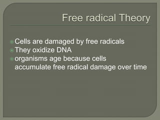 Cells are damaged by free radicals
They oxidize DNA
organisms age because cells
accumulate free radical damage over time
 