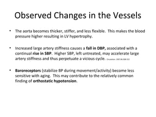 Observed Changes in the Vessels
• The aorta becomes thicker, stiffer, and less flexible. This makes the blood
pressure higher resulting in LV hypertrophy.
• Increased large artery stiffness causes a fall in DBP, associated with a
continual rise in SBP. Higher SBP, left untreated, may accelerate large
artery stiffness and thus perpetuate a vicious cycle. Circulation. 1997;96:308-315
• Baroreceptors (stabilize BP during movement/activity) become less
sensitive with aging. This may contribute to the relatively common
finding of orthostatic hypotension.
 