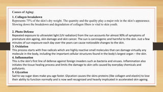 Causes of Aging:
1. Collagen breakdown
Represents 75% of the skin’s dry weight. The quantity and the quality play a major role in the skin’s appearance.
Slowing down the breakdown and degradation of collagen fibers is vital to skin youth.
2. Photo Defense
Repeated exposure to ultraviolet light (UV radiation) from the sun accounts for almost 90% of symptoms of
premature skin ageing, skin damage and skin cancer. The sun is carcinogenic and harmful to the skin. Just a few
minutes of sun exposure each day over the years can cause noticeable changes to the skin.
3. Oxidation
This process starts with free radicals which are highly reactive small molecules that can damage virtually any
molecule in the body, including the important cellular structures found in the body’s largest organ – the skin.
4. Inflammation
This is the skin’s first line of defense against foreign invaders such as bacteria and viruses. Inflammation also
initiates the tissue healing process and limits the damage to skin cells caused by everyday chemicals and
pollutants.
5. Glycation
Sad to say sugar does make you age faster. Glycation causes the skins proteins (like collagen and elastin) to lose
their ability to function normally and is now well recognized and heavily implicated in accelerated skin ageing.
 