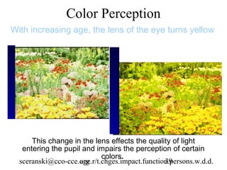 Color Perception
With increasing age, the lens of the eye turns yellow




      This change in the lens effects the quality of light
   entering the pupil and impairs the perception of certain
                             colors.
  sceranski@cco-cce.org
                     age.r/t.chges.impact.function.persons.w.d.d.
                                                 39
 
