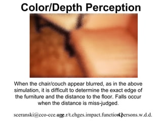 Color/Depth Perception




When the chair/couch appear blurred, as in the above
simulation, it is difficult to determine the exact edge of
the furniture and the distance to the floor. Falls occur
           when the distance is miss-judged.

sceranski@cco-cce.org
                  age.r/t.chges.impact.function.persons.w.d.d.
                                              42
 