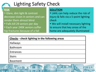 Lighting Safety Check RISK   Glare, dim light & contrast decrease vision in seniors and can render them almost blind Falls kill 29 seniors per day Each year 240K seniors suffer hip fractures because of a fall SOLUTION LAHL can help reduce the risk of injury & falls via a 5-point lighting check We will install necessary lighting to ensure that key areas of the home are adequately illuminated  Checks  - check lighting in the following areas Hallways Bathroom Entrances Stairs Basement 