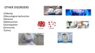 OTHER DISORDERS
1)Obesity
2)Neurological dysfunction
3)Anemia
4)Malnutrition
5)Constipation
6)Immunity
7)stress
 