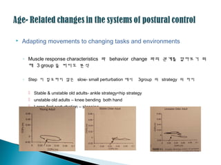  Adapting movements to changing tasks and environments
◦ Muscle response characteristics 와 behavior change 와의 괶계를 알아보기 위
해 3 group 을 비디오 분석
◦ Step 이 필요하지 않은 slow- small perturbation 에서 3group 의 strategy 의 차이
 Stable & unstable old adults- ankle strategy<hip strategy
 unstable old adults – knee bending both hand
 Large-fast perturbation – stepping
 