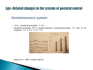 ◦ Somatosensory system
 대부분 peripheral neuropathy 가 원인
 Peripheral neuropathy 환자의 postural response – onset latencies delay, 자극 size 에 따른
amplitude 조절 능력의 현저한 저하 .
 Nelson et al ., 1995 : multiple sclerosis
 