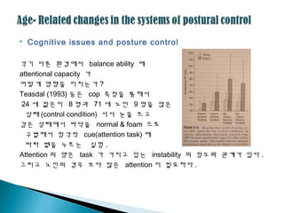  Cognitive issues and posture control
각기 다른 환경에서 balance ability 에
attentional capacity 가
어떻게 영향을 미치는가 ?
Teasdal (1993) 등은 cop 측정을 통해서
24 세 젊은이 8 명과 71 세 노인 9 명을 앉은
상태 (control condition) 서서 눈을 뜨고
감은 상태에서 바닥을 normal & foam 으로
구별해서 청각적 cue(attention task) 에
따라 벨을 누르는 실험 .
Attention 의 양은 task 가 가지고 있는 instability 의 정도와 괶계가 있다 .
그리고 노인의 경우 보다 많은 attention 이 필요하다 .
 