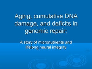 Aging, cumulative DNAAging, cumulative DNA
damage, and deficits indamage, and deficits in
genomic repair:genomic repair:
A story of micronutrients andA story of micronutrients and
lifelong neural integritylifelong neural integrity
 