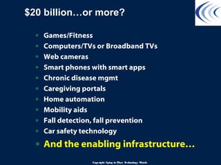 $20 billion…or more?
• Games/Fitness
• Computers/TVs or Broadband TVs
• Web cameras
• Smart phones with smart apps
• Chronic disease mgmt
• Caregiving portals
• Home automation
• Mobility aids
• Fall detection, fall prevention
• Car safety technology
• And the enabling infrastructure…
Copyright Aging in Place Technology Watch
 