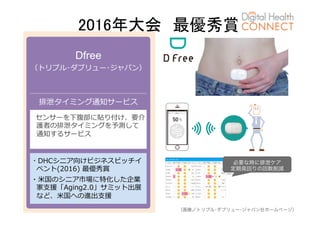 2016年大会　最優秀賞	
Dfree
（トリプル･ダブリュー･ジャパン）
排泄タイミング通知サービス
　センサーを下腹部に貼り付け、要介
護者の排泄タイミングを予測して
通知するサービス
・DHCシニア向けビジネスピッチイ
ベント(2016) 最優秀賞
・⽶国のシニア市場に特化した企業
家⽀援「Aging2.0」サミット出展
など、⽶国への進出⽀援
（画像／トリプル･ダブリュー･ジャパン社ホームページ）
必要な時に排泄ケア
定期見回りの回数削減
 