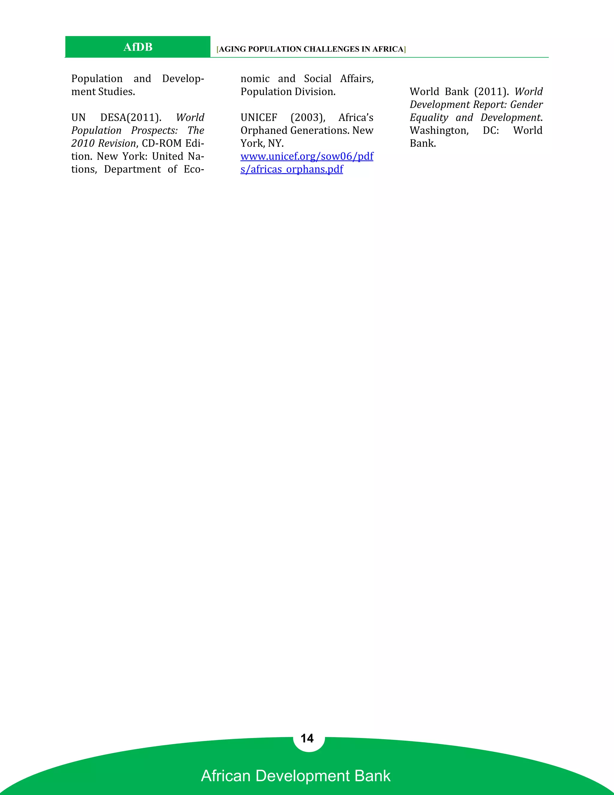 AfDB               [AGING POPULATION CHALLENGES IN AFRICA]


Population and Develop-          nomic and Social Affairs,
ment Studies.                    Population Division.                  World Bank (2011). World
                                                                       Development Report: Gender
UN DESA(2011). World             UNICEF (2003), Africa’s               Equality and Development.
Population Prospects: The        Orphaned Generations. New             Washington, DC: World
2010 Revision, CD-ROM Edi-       York, NY.                             Bank.
tion. New York: United Na-       www.unicef.org/sow06/pdf
tions, Department of Eco-        s/africas_orphans.pdf




                                              14


                         African Development Bank
 