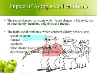  The social changes that come with life are change in life style, loss
of other family members, neighbors and friends.
 The main social problems, which confront elderly persons, are:
- social isolation
- finance
- loneliness
- rejection and loss of purpose in life.
- deterioration in housing standard and poor nutritional level.
Impact of Aging social-emotionsImpact of Aging social-emotions
 