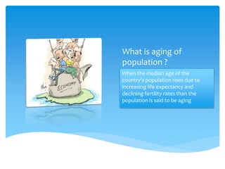 What is aging of
population ?
When the median age of the
country’s population rises due to
increasing life expectancy and
...
