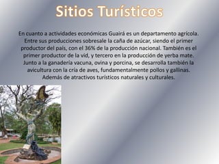 En cuanto a actividades económicas Guairá es un departamento agrícola.
Entre sus producciones sobresale la caña de azúcar, siendo el primer
productor del país, con el 36% de la producción nacional. También es el
primer productor de la vid, y tercero en la producción de yerba mate.
Junto a la ganadería vacuna, ovina y porcina, se desarrolla también la
avicultura con la cría de aves, fundamentalmente pollos y gallinas.
Además de atractivos turísticos naturales y culturales.
 