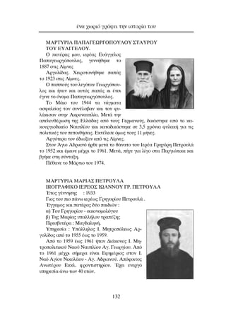 ªAPTYPIA ¶A¶A°EøP°O¶OY§OY ™TAYPOY
TOY EYA°°E§OY.
O ·Ù¤Ú·˜ ÌÔ˘, ÈÂÚ¤·˜ ∂˘¿ÁÁÂÏÔ˜
¶··ÁÂˆÚÁﬁÔ˘ÏÔ˜, ÁÂÓÓ‹ıËÎÂ ÙÔ
1887 ÛÙÈ˜ §›ÌÓÂ˜
∞ÚÁÔÏ›‰·˜. ÃÂÈÚÔÙÔÓ‹ıËÎÂ ·¿˜
ÙÔ 1923 ÛÙÈ˜ §›ÌÓÂ˜.
O ·Ô‡˜ ÙÔ˘ ÏÂÁﬁÙ·Ó °ÂˆÚÁﬁÔ˘-
ÏÔ˜ Î·È ‹Ù·Ó Î·È ·˘Ùﬁ˜ ·¿˜ ÎÈ ¤ÙÛÈ
¤ÁÈÓÂ ÙÔ ﬁÓÔÌ· ¶··ÁÂˆÚÁﬁÔ˘ÏÔ˜.
∆Ô ª¿ÈÔ ÙÔ˘ 1944 Ù· Ù¿ÁÌ·Ù·
·ÛÊ·ÏÂ›·˜ ÙÔÓ Û˘Ó¤Ï·‚·Ó Î·È ÙÔÓ Ê˘-
Ï¿ÎÈÛ·Ó ÛÙËÓ ∞ÎÚÔÓ·˘Ï›·. ªÂÙ¿ ÙËÓ
·ÂÏÂ˘ı¤ÚˆÛË ÙË˜ ∂ÏÏ¿‰·˜ ·ﬁ ÙÔ˘˜ °ÂÚÌ·ÓÔ‡˜, ‰ÈÎ¿ÛÙËÎÂ ·ﬁ ÙÔ Î·-
ÎÔ˘ÚÁÈÔ‰ÈÎÂ›Ô ¡·˘Ï›Ô˘ Î·È Î·Ù·‰ÈÎ¿ÛÙËÎÂ ÛÂ 3,5 ¯ÚﬁÓÈ· Ê˘Ï·Î‹ ÁÈ· ÙÈ˜
ÔÏÈÙÈÎ¤˜ ÙÔ˘ ÂÔÈı‹ÛÂÈ˜. ∂ÎÙ¤ÏÂÛÂ ﬁÌˆ˜ ÙÔ˘˜ 11 Ì‹ÓÂ˜.
∞ÚÁﬁÙÂÚ· ÙÔÓ ¤‰ÈˆÍ·Ó ·ﬁ ÙÈ˜ §›ÌÓÂ˜.
™ÙÔÓ ÕÁÈÔ ∞‰ÚÈ·Óﬁ ‹ÚıÂ ÌÂÙ¿ ÙÔ ı¿Ó·ÙÔ ÙÔ˘ πÂÚ¤· °ÚËÁﬁÚË ¶ÂÙÚÔ˘Ï¿
ÙÔ 1952 Î·È ¤ÌÂÈÓÂ Ì¤¯ÚÈ ÙÔ 1961. ªÂÙ¿, ‹ÁÂ ÁÈ· Ï›ÁÔ ÛÙ· ¶˘ÚÁÈÒÙÈÎ· Î·È
‚Á‹ÎÂ ÛÙË Û‡ÓÙ·ÍË.
¶¤ı·ÓÂ ÙÔ ª¿ÚÙÈÔ ÙÔ˘ 1974.
MAPTYPIA MAPIA™ ¶ETPOY§A
µIO°PAºIKO IEPEO™ IøANNOY °P. ¶ETPOY§A
ŒÙÔ˜ Á¤ÓÓËÛË˜ : 1933
°ÈÔ˜ ÙÔ˘ ÈÔ ¿Óˆ ÈÂÚ¤ˆ˜ °ÚËÁÔÚ›Ô˘ ¶ÂÙÚÔ˘Ï¿ .
ŒÁÁ·ÌÔ˜ Î·È ·Ù¤Ú·˜ ‰‡Ô ·È‰ÈÒÓ :
·) ∆Ô˘ °ÚËÁÔÚ›Ô˘ - ÔÈÎÔÓÔÌÔÏﬁÁÔ˘
‚) ∆Ë˜ ª·Ú›·˜ ˘·ÏÏ‹ÏÔ˘ ÙÚ·¤˙Ë˜
¶ÚÂÛ‚˘Ù¤Ú· : ª·Á‰·ÏËÓ‹.
ÀËÚÂÛ›· : À¿ÏÏËÏÔ˜ π. ªËÙÚÔﬁÏÂˆ˜ ∞Ú-
ÁÔÏ›‰Ô˜ ·ﬁ ÙÔ 1955 ¤ˆ˜ ÙÔ 1959.
∞ﬁ ÙÔ 1959 ¤ˆ˜ 1961 ‹Ù·Ó ¢È¿ÎÔÓÔ˜ π. ªË-
ÙÚÔÔÏÈÙÈÎÔ‡ ¡·Ô‡ ¡·˘Ï›Ô˘ ∞Á. °ÂˆÚÁ›Ô˘. ∞ﬁ
ÙÔ 1961 Ì¤¯ÚÈ Û‹ÌÂÚ· Â›Ó·È EÊËÌ¤ÚÈÔ˜ ÛÙÔÓ π.
¡·ﬁ ∞Á›Ô˘ ¡ÈÎÔÏ¿Ô˘ - ∞Á. ∞‰ÚÈ·ÓÔ‡. ∞ﬁÊÔÈÙÔ˜
∞ÓˆÙ¤ÚÔ˘ ∂ÎÎÏ. ÊÚÔÓÙÈÛÙËÚ›Ô˘. Œ¯ÂÈ ÂÓÂÚÁﬁ
˘ËÚÂÛ›· ¿Óˆ ÙˆÓ 40 ÂÙÒÓ.
¤Ó· ¯ˆÚÈﬁ ÁÚ¿ÊÂÈ ÙËÓ ÈÛÙÔÚ›· ÙÔ˘
132
 