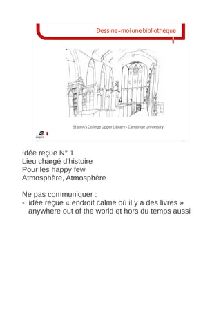 Dessine-moi une bibliothèque




               St John's College Upper Library- Cambrige University




Idée reçue N° 1
Lieu chargé d'histoire
Pour les happy few
Atmosphère, Atmosphère

Ne pas communiquer :
- idée reçue « endroit calme où il y a des livres »
  anywhere out of the world et hors du temps aussi
 