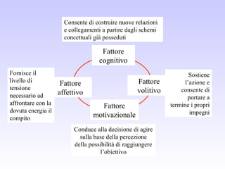 Fattore
cognitivo
Fattore
volitivo
Fattore
motivazionale
Fattore
affettivo
Conduce alla decisione di agire
sulla base della percezione
della possibilità di raggiungere
l’obiettivo
Sostiene
l’azione e
consente di
portare a
termine i propri
impegni
Consente di costruire nuove relazioni
e collegamenti a partire dagli schemi
concettuali già posseduti
Fornisce il
livello di
tensione
necessario ad
affrontare con la
dovuta energia il
compito
 