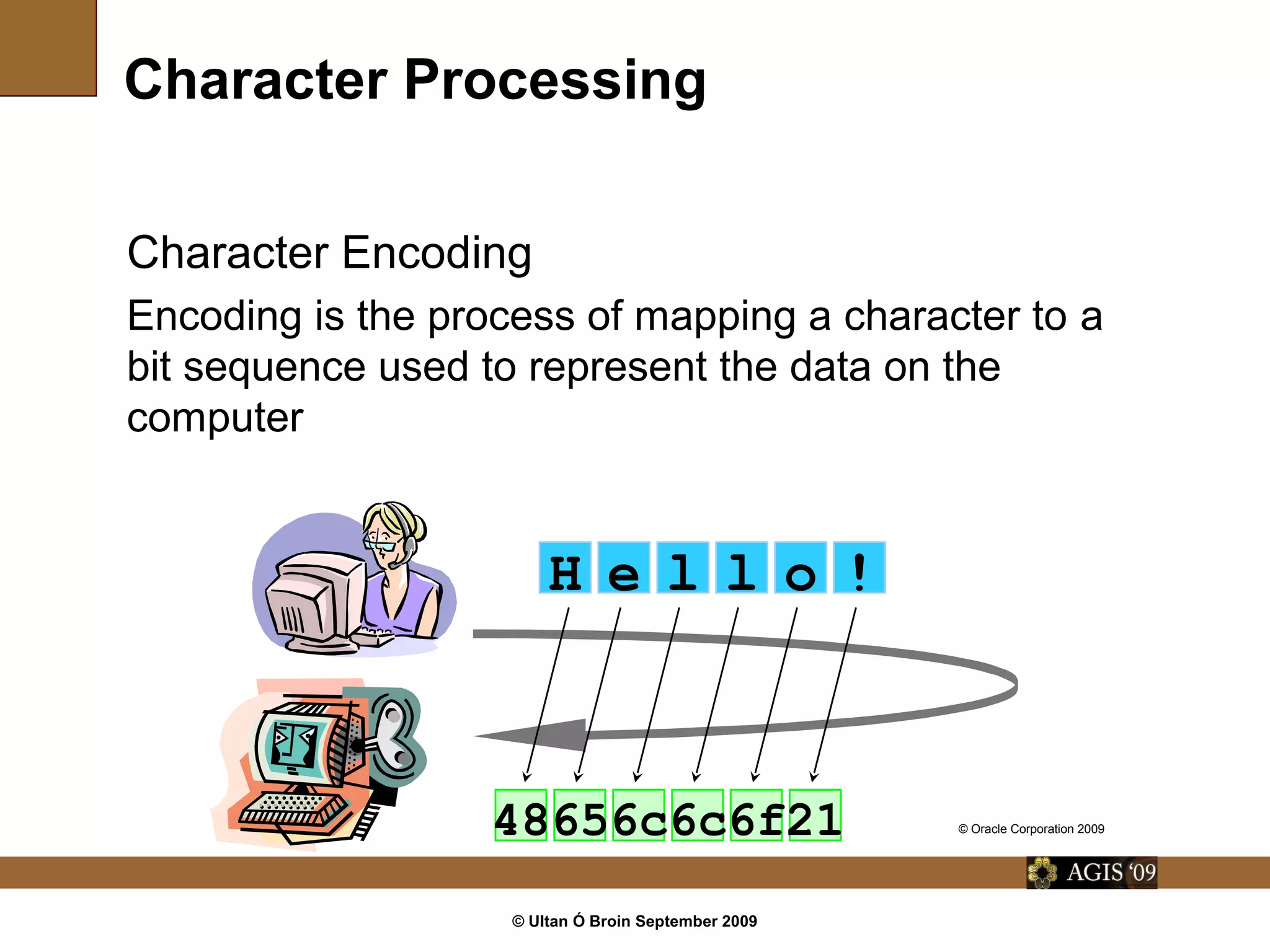 © Ultan Ó Broin September 2009
Character Processing
Character Encoding
Encoding is the process of mapping a character to a
bit sequence used to represent the data on the
computer
H oe l l !
48 6f656c6c 21 © Oracle Corporation 2009
 