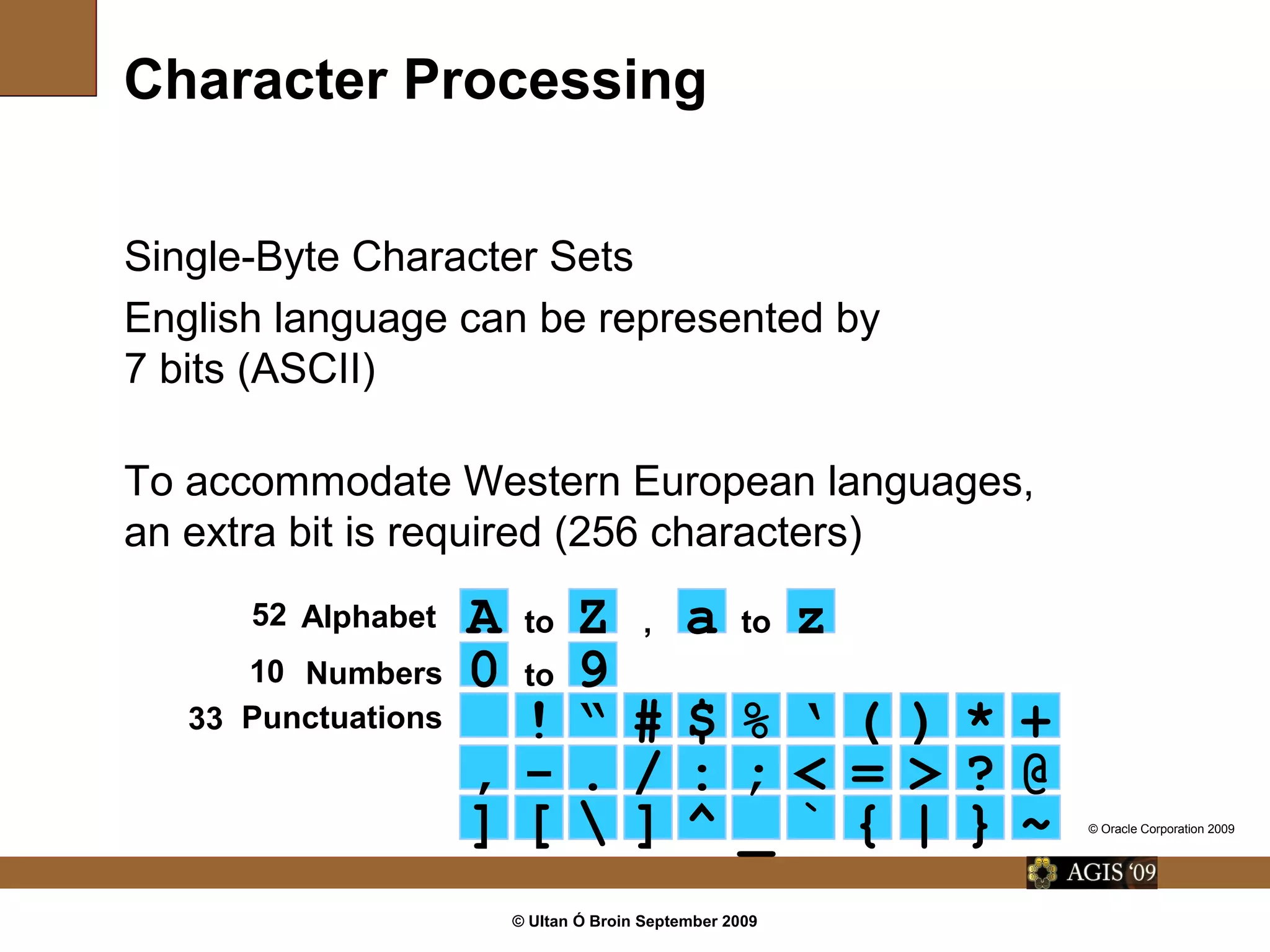 © Ultan Ó Broin September 2009
Character Processing
Single-Byte Character Sets
English language can be represented by
7 bits (ASCII)
To accommodate Western European languages,
an extra bit is required (256 characters)
! # $
Alphabet A Zto , a zto52
Numbers10 0 9to
Punctuations % ‘ ( )“ * +
- . /
[
? @,
^ _ { | } ~ ] `
; < =:
]
>
33
© Oracle Corporation 2009
 