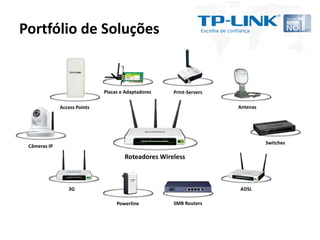 Portfólio de Soluções


                              Placas e Adaptadores   Print-Servers

              Access Points                                          Antenas




                                                                               Switches
 Câmeras IP

                                      Roteadores Wireless



                 3G                                                  ADSL

                                   Powerline         SMB Routers
 