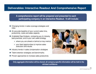 Deliverables: Interactive Readout And Comprehensive Report

       A comprehensive report will be prepared and presented to each
          participating company in an interactive Readout. It will include:

  Changing trends in sales coverage strategies and
  roles
  An accurate baseline of your current sales time,
  productivity, costs and sales capacity
  A detailed Gap Analysis, comparing you to industry
  best practices, and to your own sales strategy
       where you are ahead or behind on key metrics
       your best opportunities to improve sales
       execution and results
  Industry trends in sales compensation strategies
  Talent retention strategies and benchmarks
  Proven approaches to increase sales productivity


   Only aggregate information will be shared; all company-specific information will be held in the
                                         strictest confidence
                                                                                                                        12
                                                                                            © 2010 The Alexander Group, Inc.®
 