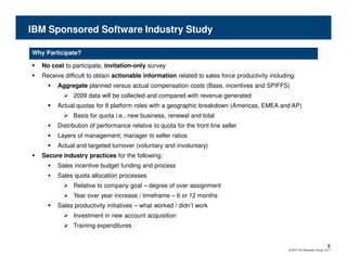 IBM Sponsored Software Industry Study

Why Participate?

   No cost to participate, invitation-only survey
   Receive difficult to obtain actionable information related to sales force productivity including:
         Aggregate planned versus actual compensation costs (Base, incentives and SPIFFS)
               2009 data will be collected and compared with revenue generated
         Actual quotas for 8 platform roles with a geographic breakdown (Americas, EMEA and AP)
               Basis for quota i.e., new business, renewal and total
         Distribution of performance relative to quota for the front line seller
         Layers of management; manager to seller ratios
         Actual and targeted turnover (voluntary and involuntary)
   Secure industry practices for the following:
         Sales incentive budget funding and process
         Sales quota allocation processes
               Relative to company goal – degree of over assignment
               Year over year increase / timeframe – 6 or 12 months
         Sales productivity initiatives – what worked / didn’t work
               Investment in new account acquisition
               Training expenditures


                                                                                                                               8
                                                                                                 © 2010 The Alexander Group, Inc.®
 