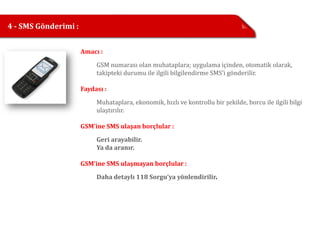 4 - SMS Gönderimi :


                      Amacı :

                           GSM numarası olan muhataplara; uygulama içinden, otomatik olarak,
                           takipteki durumu ile ilgili bilgilendirme SMS’i gönderilir.

                      Faydası :

                           Muhataplara, ekonomik, hızlı ve kontrollu bir şekilde, borcu ile ilgili bilgi
                           ulaştırılır.

                      GSM’ine SMS ulaşan borçlular :

                           Geri arayabilir.
                           Ya da aranır.

                      GSM’ine SMS ulaşmayan borçlular :

                           Daha detaylı 118 Sorgu’ya yönlendirilir.
 