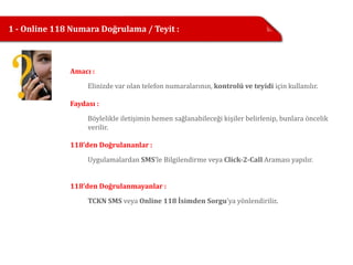 1 - Online 118 Numara Doğrulama / Teyit :



              Amacı :

                   Elinizde var olan telefon numaralarının, kontrolü ve teyidi için kullanılır.

              Faydası :

                   Böylelikle iletişimin hemen sağlanabileceği kişiler belirlenip, bunlara öncelik
                   verilir.

              118’den Doğrulananlar :
                   Uygulamalardan SMS’le Bilgilendirme veya Click-2-Call Araması yapılır.


              118’den Doğrulanmayanlar :

                   TCKN SMS veya Online 118 İsimden Sorgu’ya yönlendirilir.
 